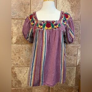 Layerz Peasant Style Top Plaid w/Floral Embroidery XL